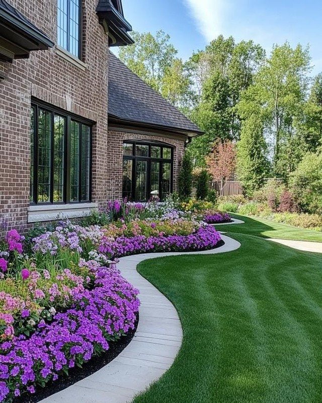 A winding stone path separates a lush purple flower bed from a striped green lawn.