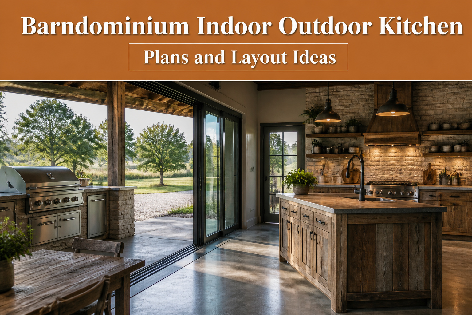 A large barndominium kitchen with open spaces and a connection to outdoor areas.