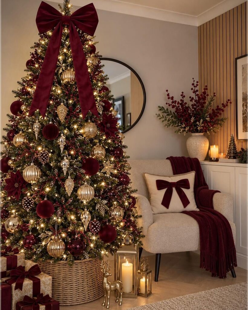 A decorated Christmas tree with burgundy and gold ornaments and a large velvet bow.