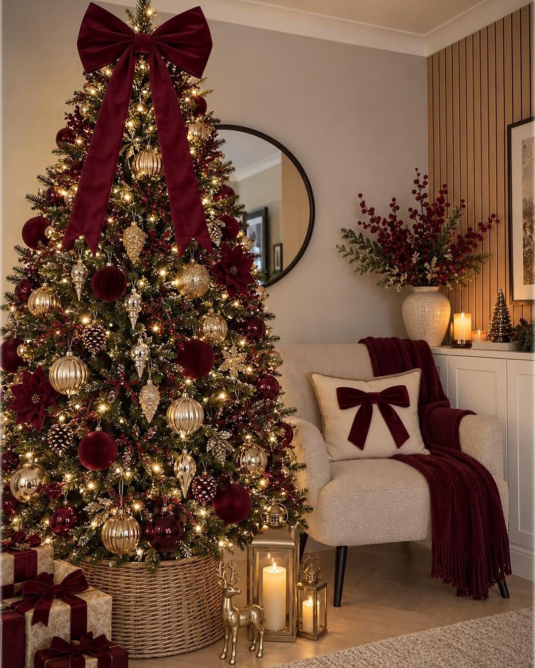 A decorated Christmas tree with burgundy and gold ornaments and a large velvet bow.
