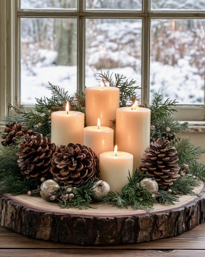Lit white pillar candles nestled among evergreen branches and pinecones on a wooden base.