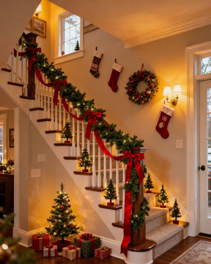 Christmas decorated staircase featuring green garland, red ribbons, and small lit trees on every step.
