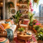 Colorful patterned pillows and rattan furniture arranged on a lush, plant-filled balcony with a patterned rug.