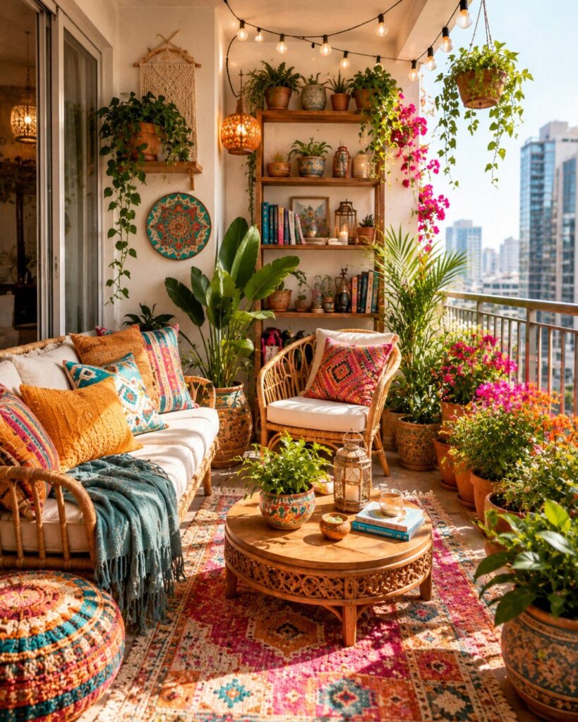 Colorful patterned pillows and rattan furniture arranged on a lush, plant-filled balcony with a patterned rug.