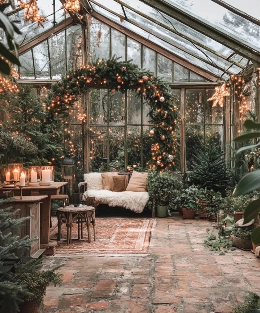 A decorated greenhouse with a lighted evergreen arch, cozy seating, and many potted plants.