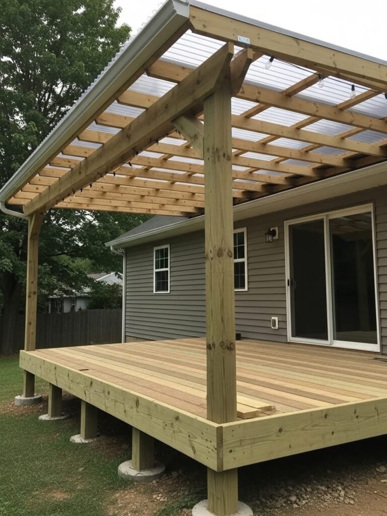 A wooden deck without railings featuring a large wooden pergola with a translucent roof attached to a house.