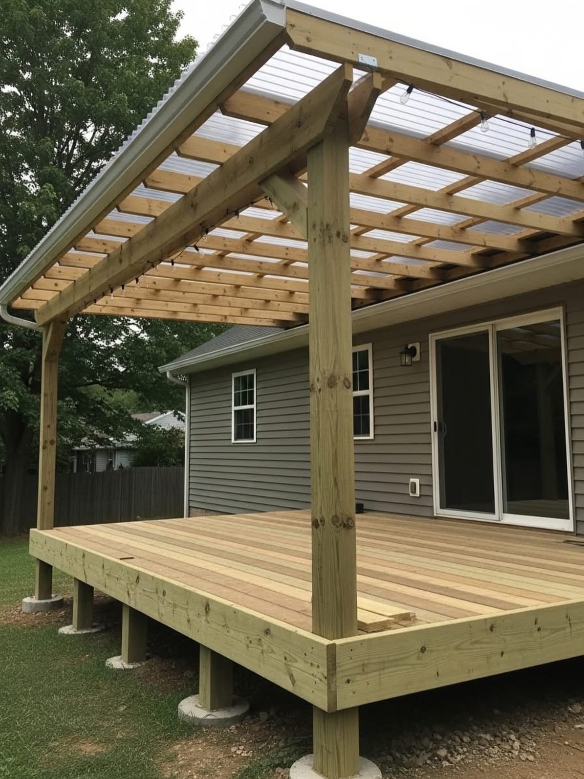 A wooden deck without railings featuring a large wooden pergola with a translucent roof attached to a house.