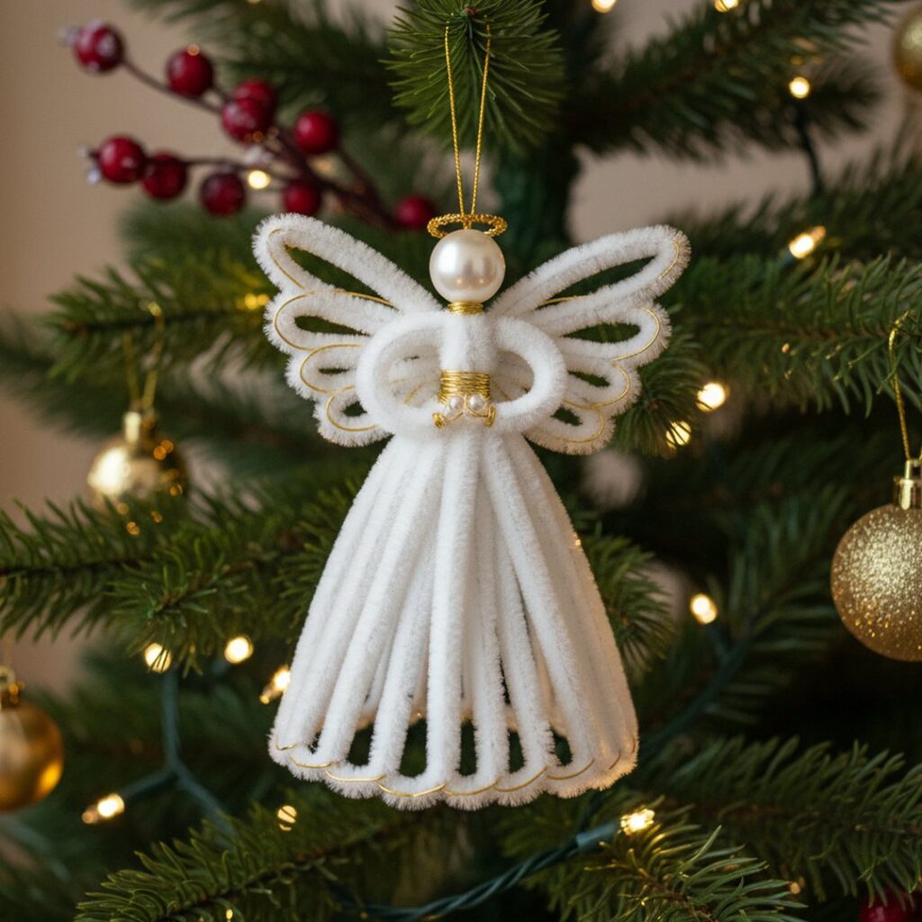 A white pipe cleaner angel ornament with gold accents hanging on a lit Christmas tree.