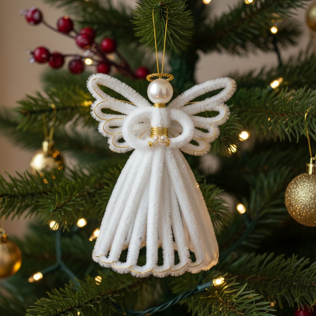 A white pipe cleaner angel ornament with gold accents hanging on a lit Christmas tree.