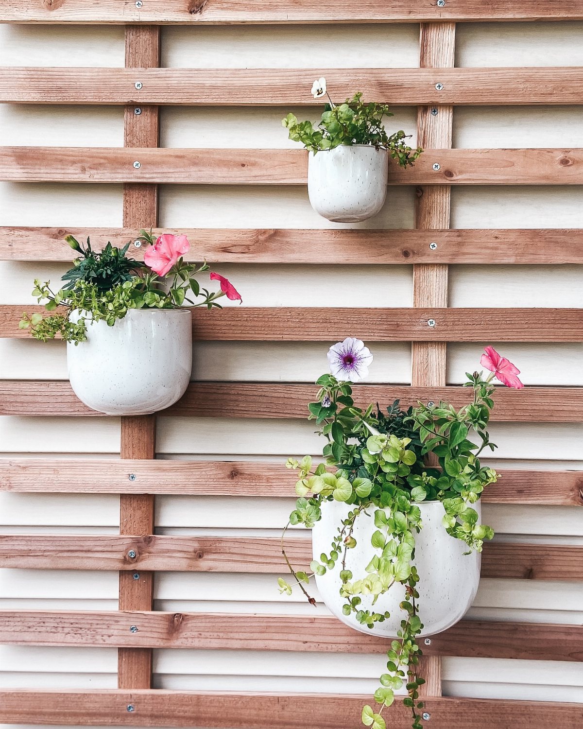 White ceramic planters with green plants and pink flowers mounted on a wooden slat wall.