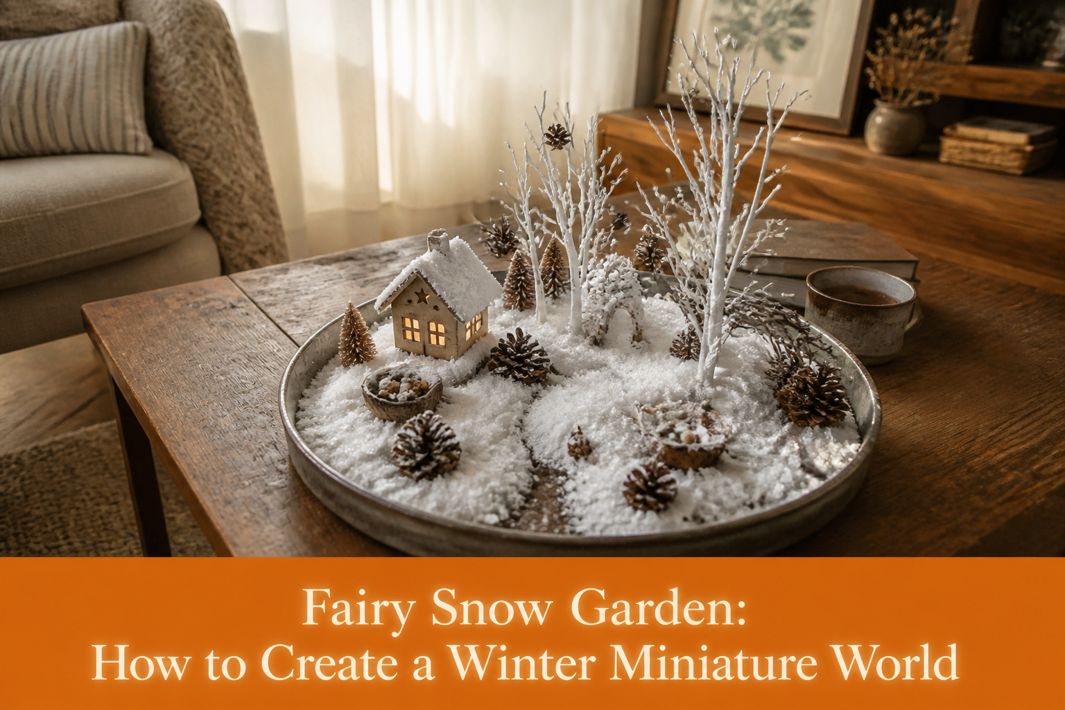 A miniature winter scene with faux snow and various decorative elements.
