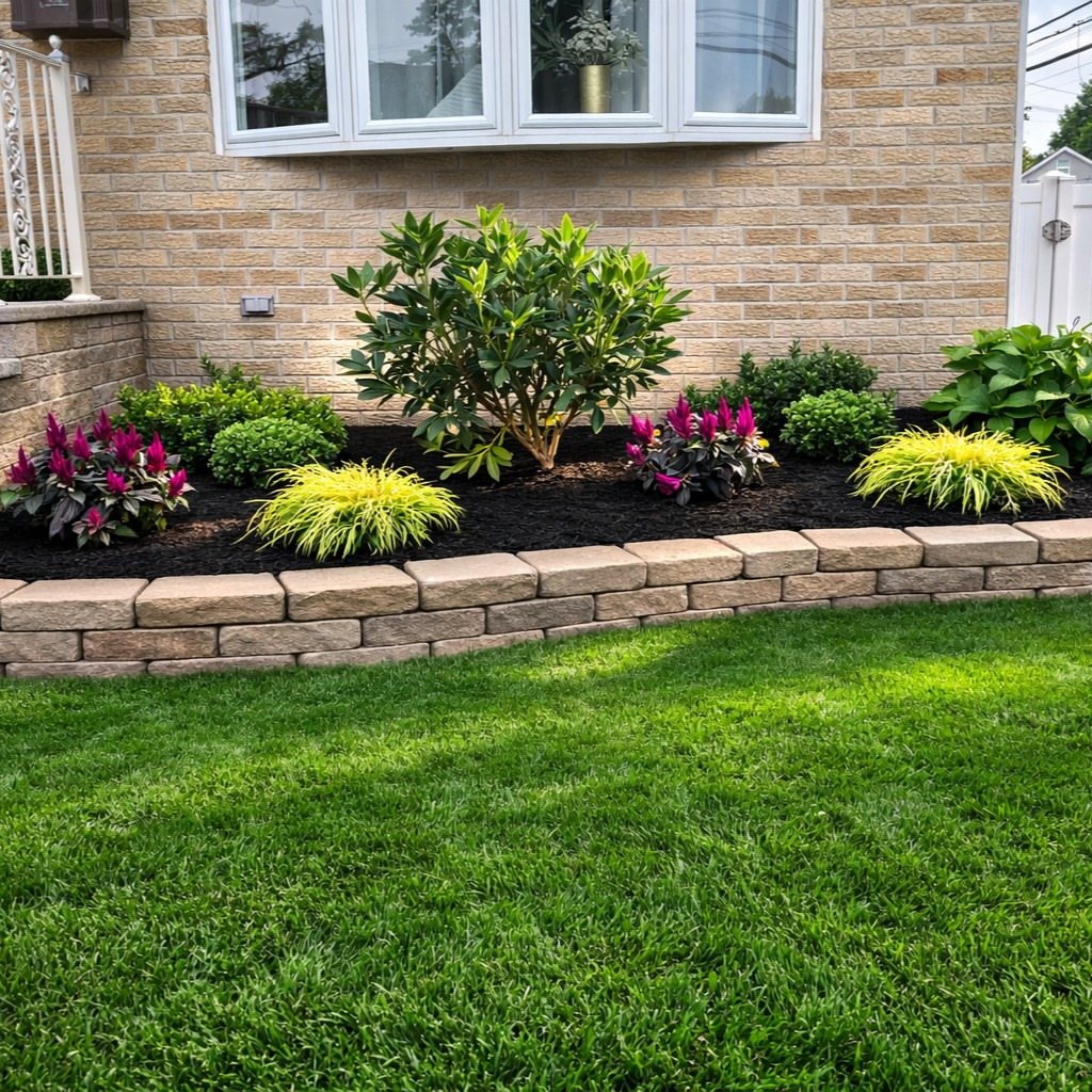 A raised stone flower bed with colorful plants and dark mulch against a brick house.