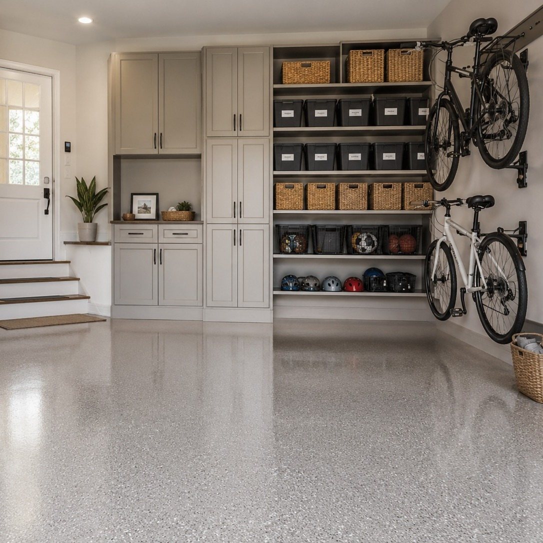 Organized garage entryway with grey cabinetry, wall-mounted bicycles, and a polished epoxy floor.