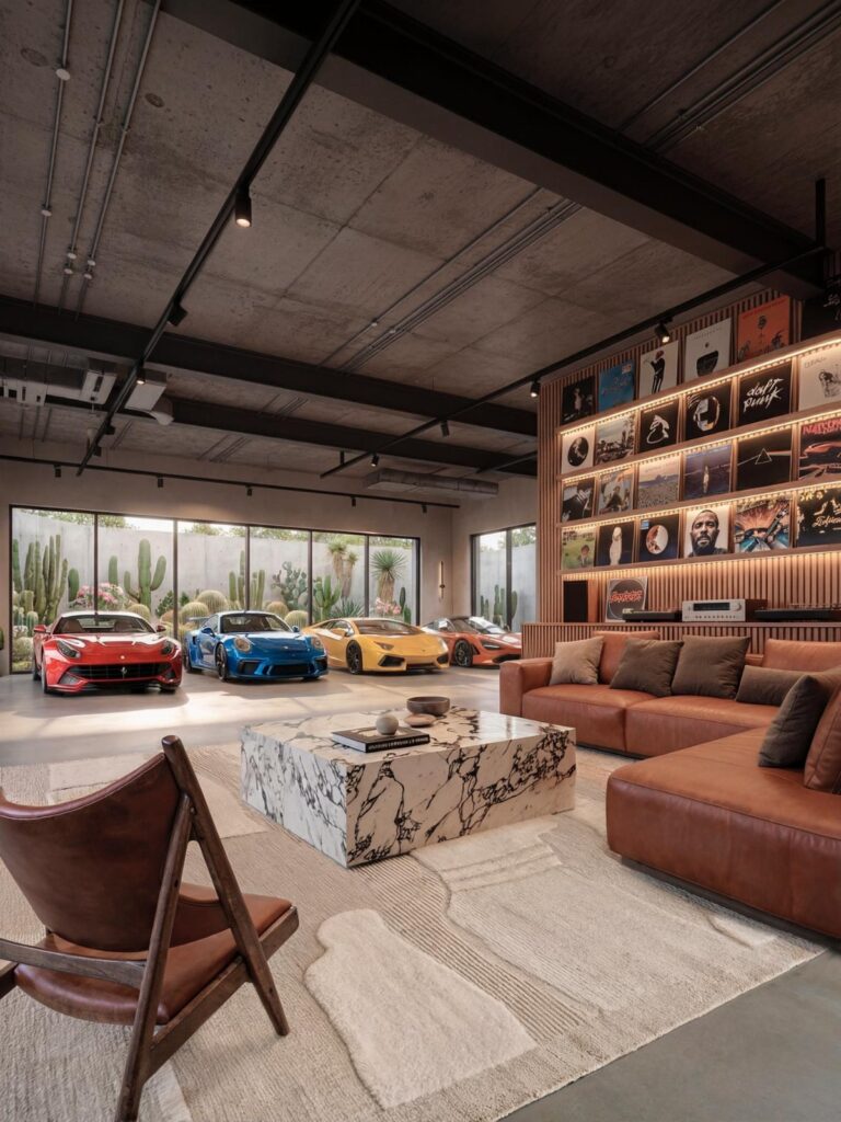 A luxury garage lounge with a brown leather sectional sofa and marble coffee table near sports cars.