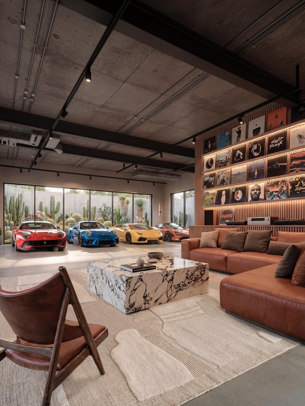 A luxury garage lounge with a brown leather sectional sofa and marble coffee table near sports cars.