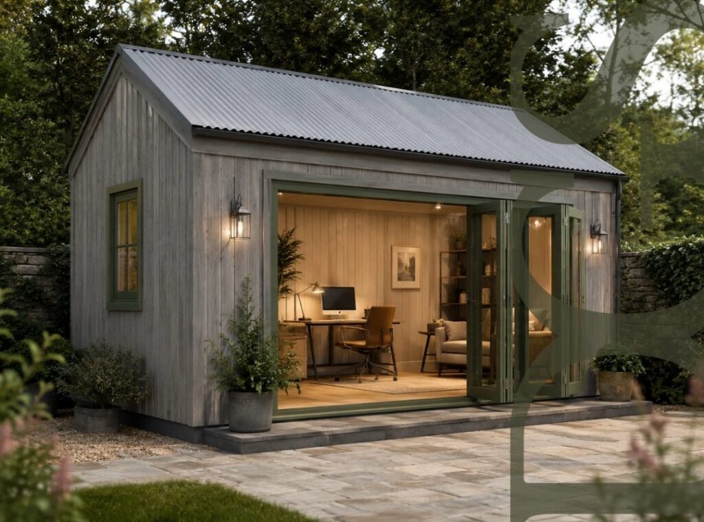 A modern grey wooden garden shed with open glass doors revealing a lit interior office space.