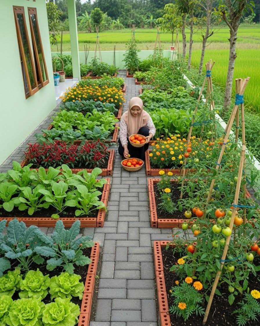 A woman kneeling in a paved path between raised garden beds filled with vegetables.
