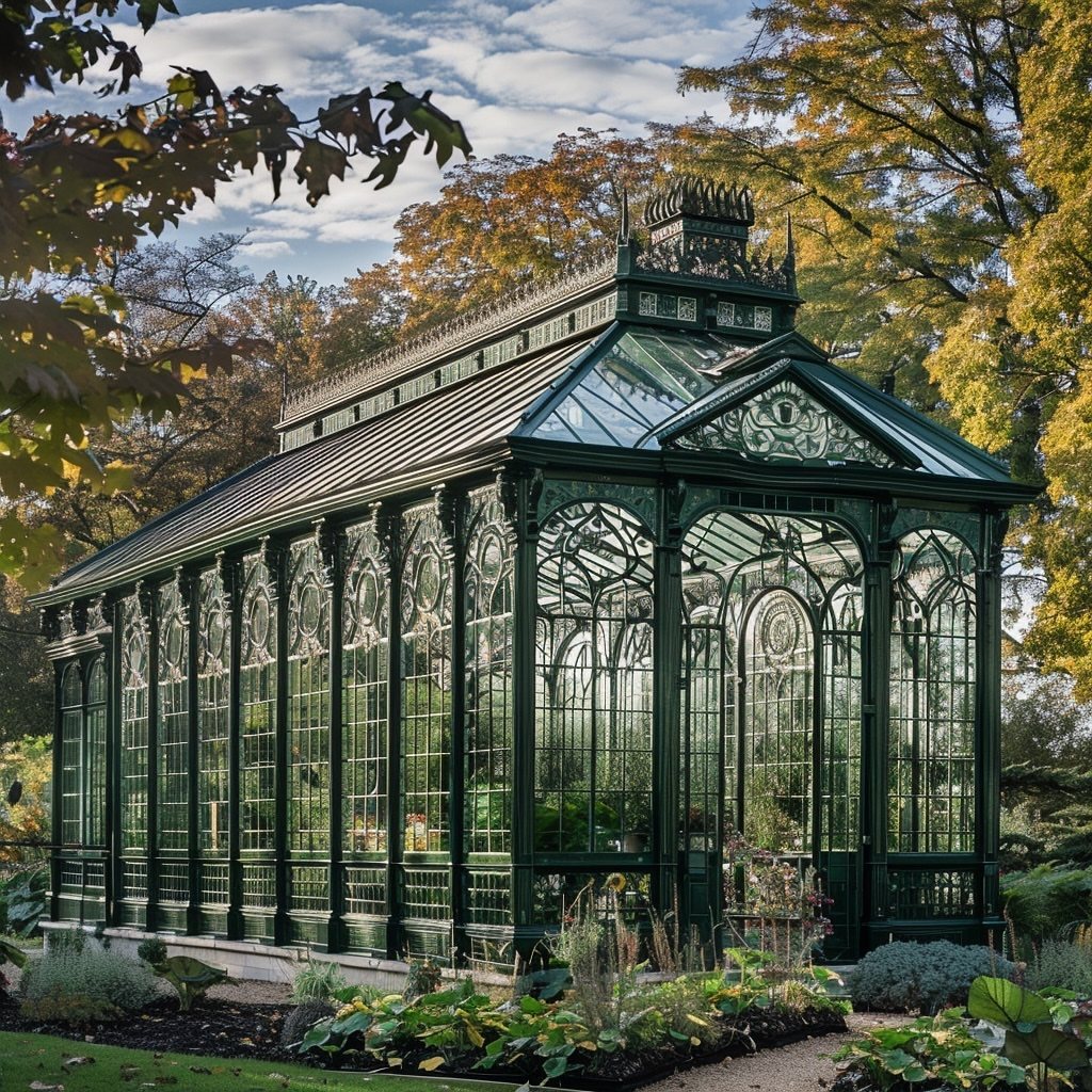 An ornate dark green Victorian glass greenhouse surrounded by colorful autumn trees in a garden.