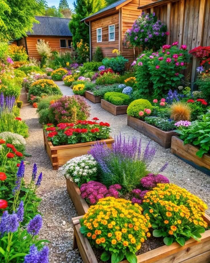 Wooden raised garden beds filled with vibrant, colorful flowers along a gravel garden path.
