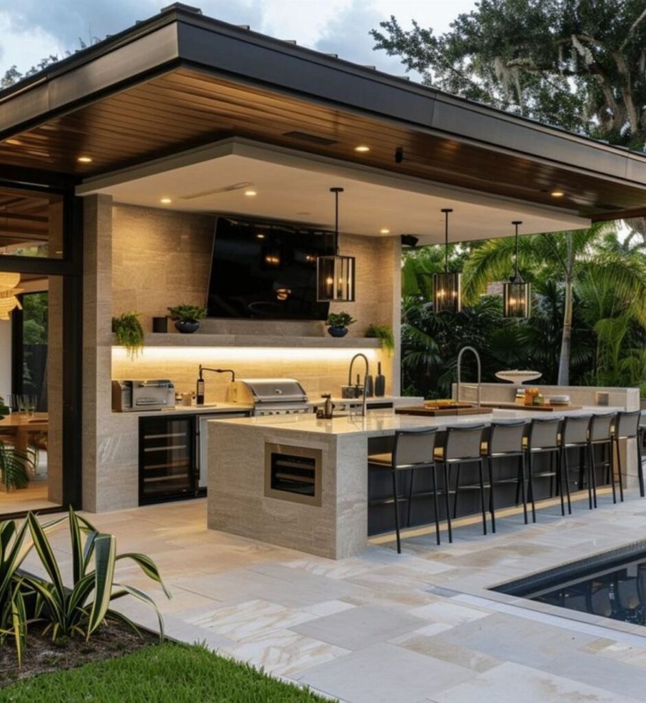 Modern outdoor patio kitchen with a stone island, built-in grill, and bar stools under a wooden canopy.