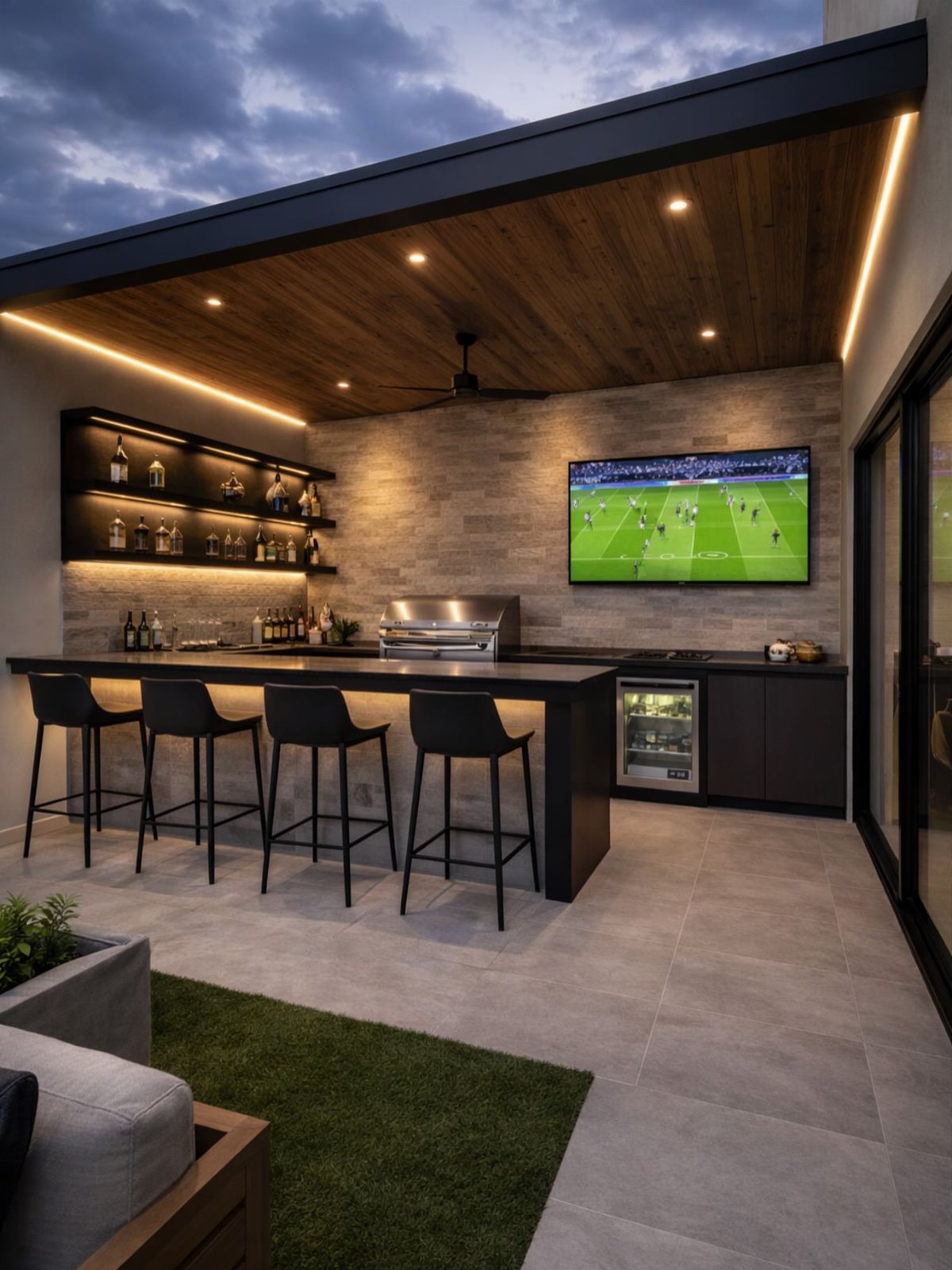 Modern outdoor kitchen with a black bar counter, four stools, and a television mounted on a stone wall.