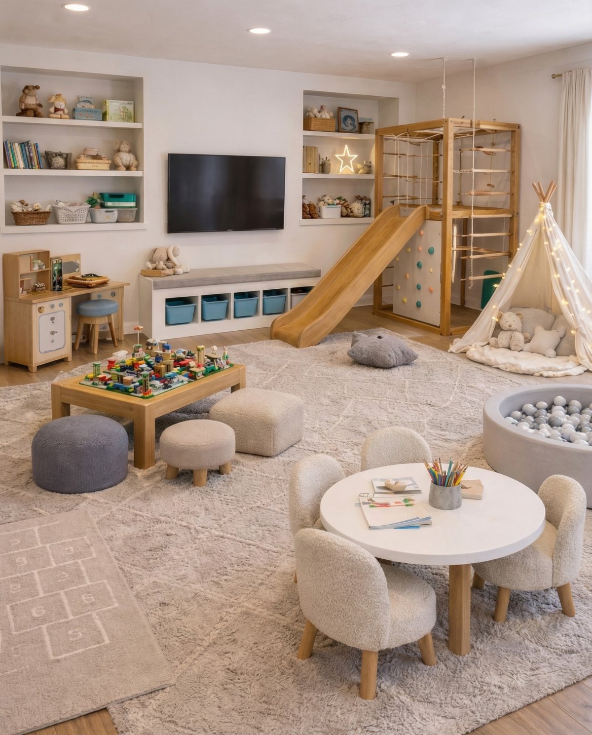 A large playroom with wooden climbing structures, small tables, and various storage bins on shelves.