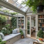 A bright sunroom with a glass ceiling, built-in bookshelves, and many green indoor plants.