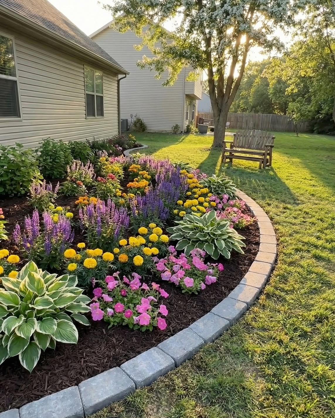 Colorful flowers in a curved garden bed bordered by grey stone pavers in a backyard.