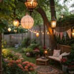 Cozy backyard garden at dusk with hanging lanterns, string lights, a wooden bench, and blooming flowers.