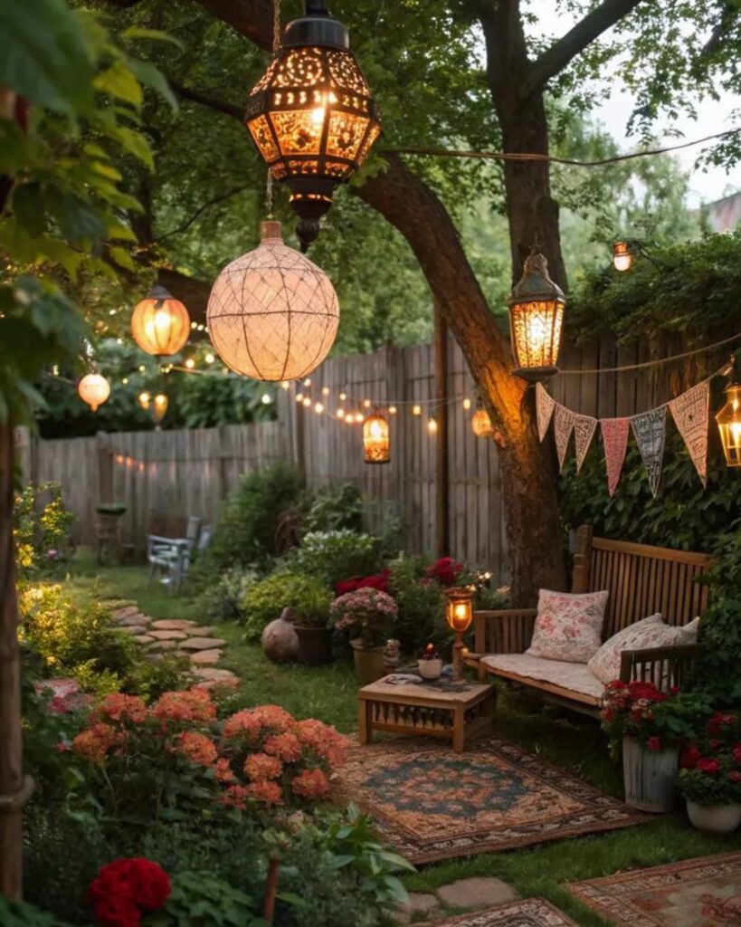 Cozy backyard garden at dusk with hanging lanterns, string lights, a wooden bench, and blooming flowers.