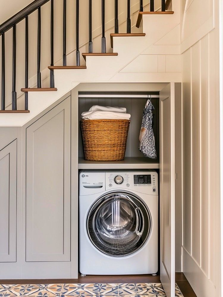 White washing machine and wicker basket stored inside a modern grey under-stair cabinet nook.