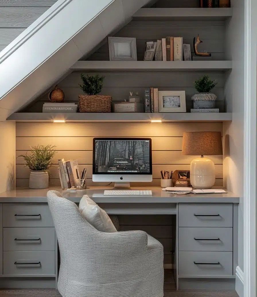 Built-in home office desk with computer and shelves located under a staircase.
