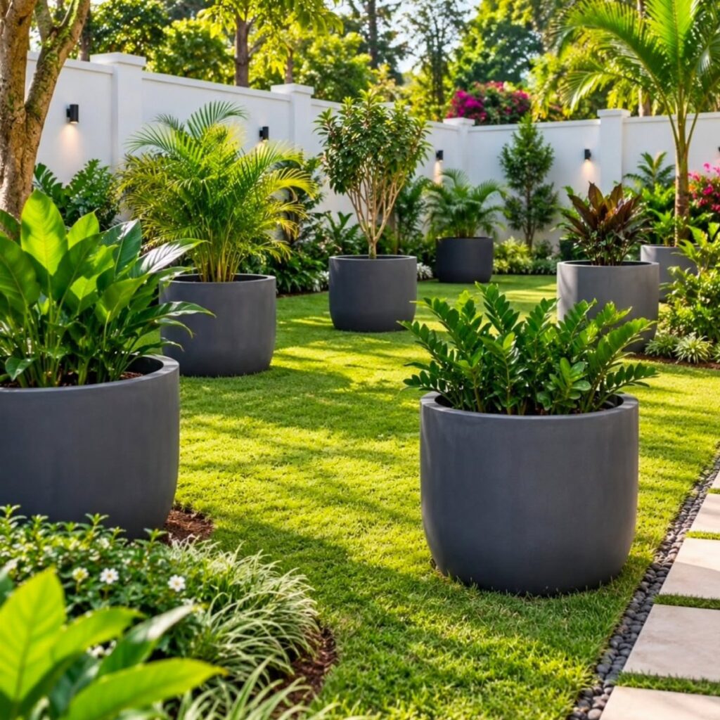 Large dark grey planters with green plants arranged on a lush green lawn in a garden.