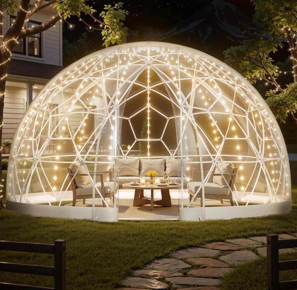 A glowing transparent geodesic dome with string lights and outdoor furniture on a lawn at night.
