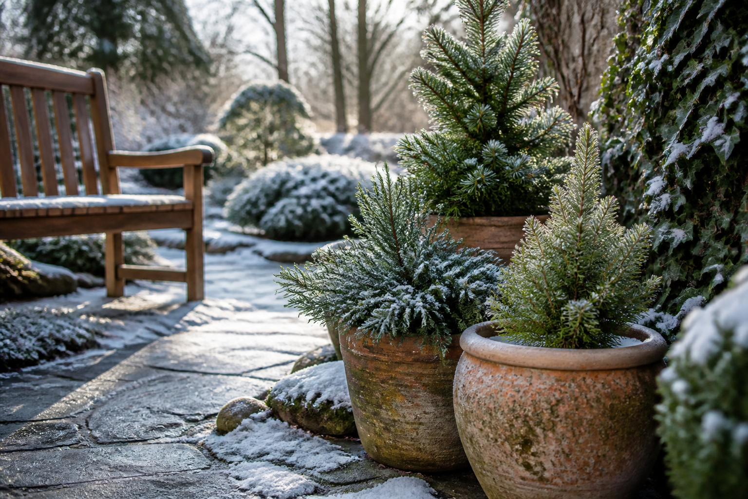 A variety of evergreen plants arranged in a winter container garden.