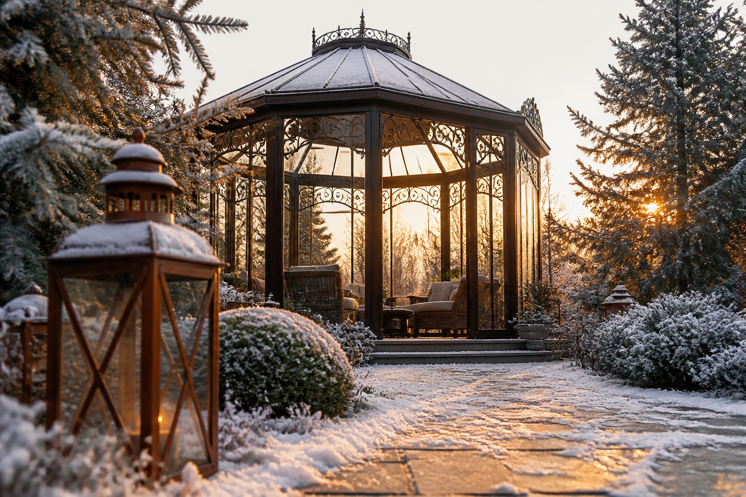 A winter garden gazebo surrounded by snow and evergreen trees.