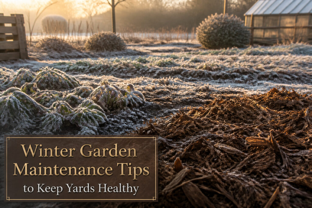 A winter garden with bare plants, tools, and compost preparation.