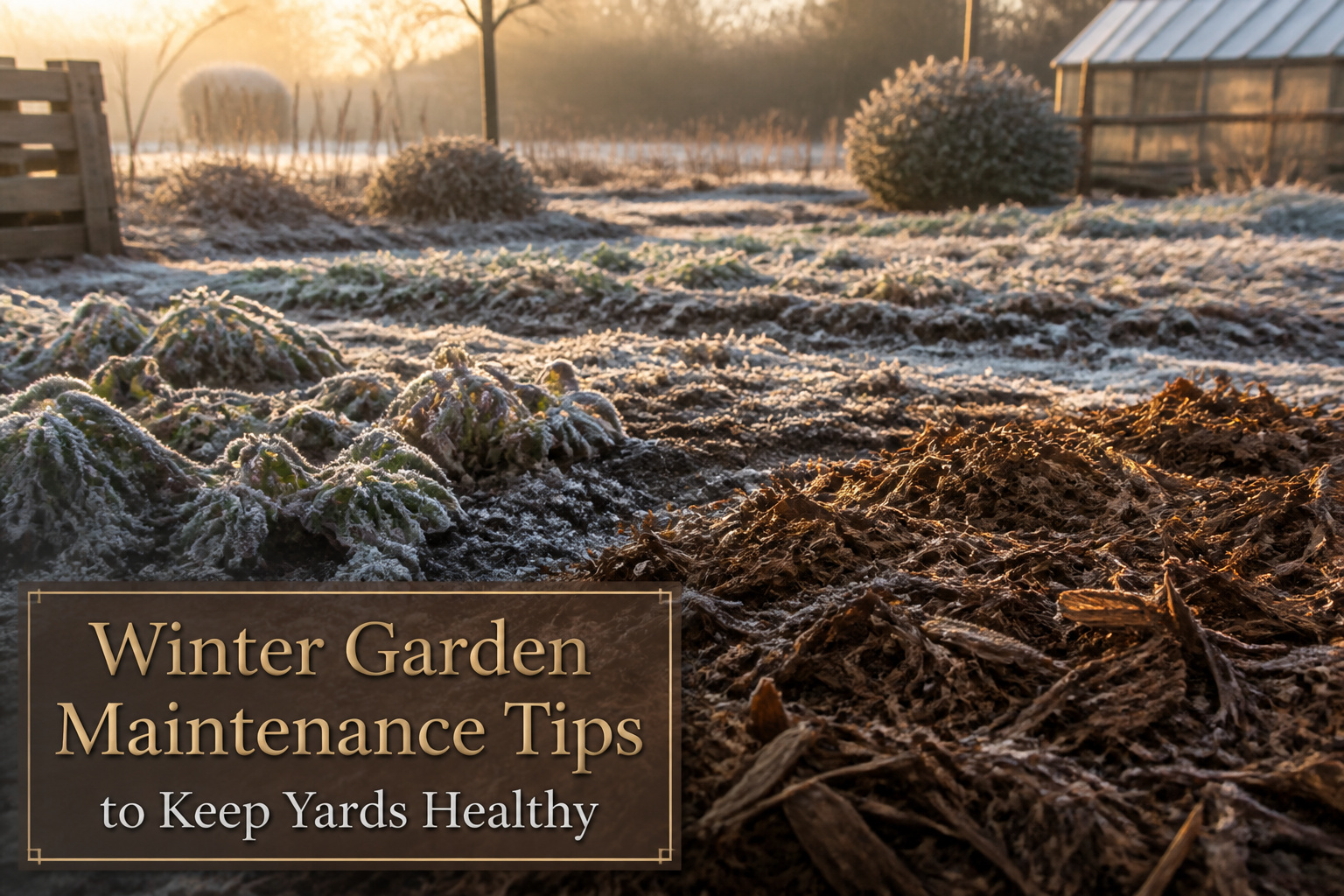 A winter garden with bare plants, tools, and compost preparation.