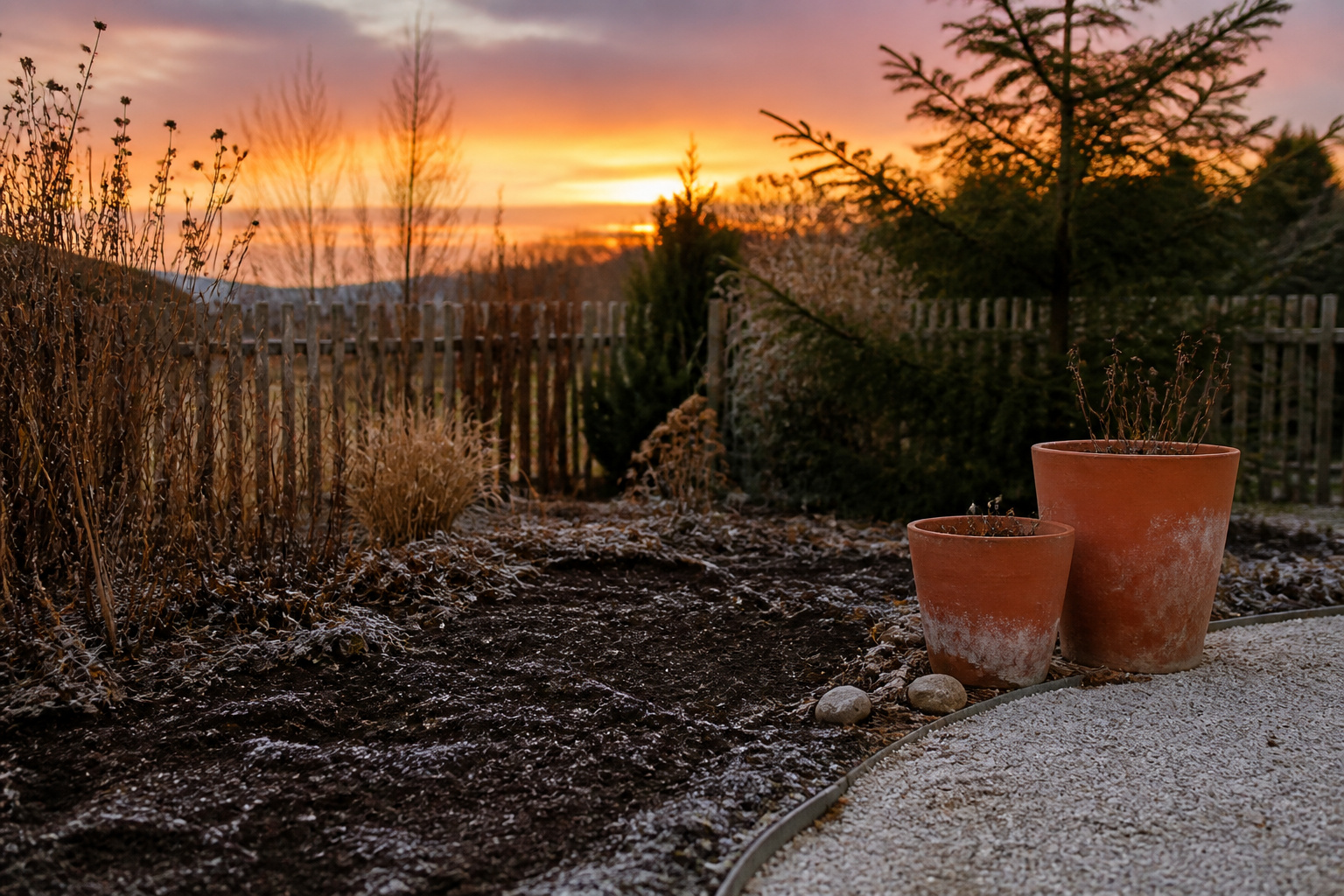 A garden with frost on the ground and visible roots.