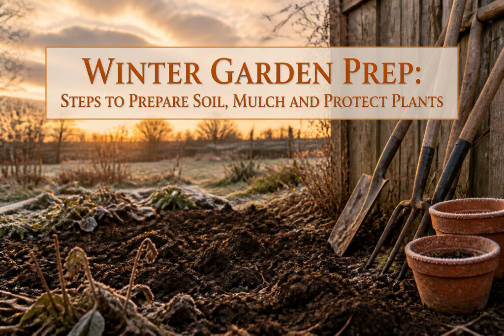A garden prepared for winter with snow and dormant plants.