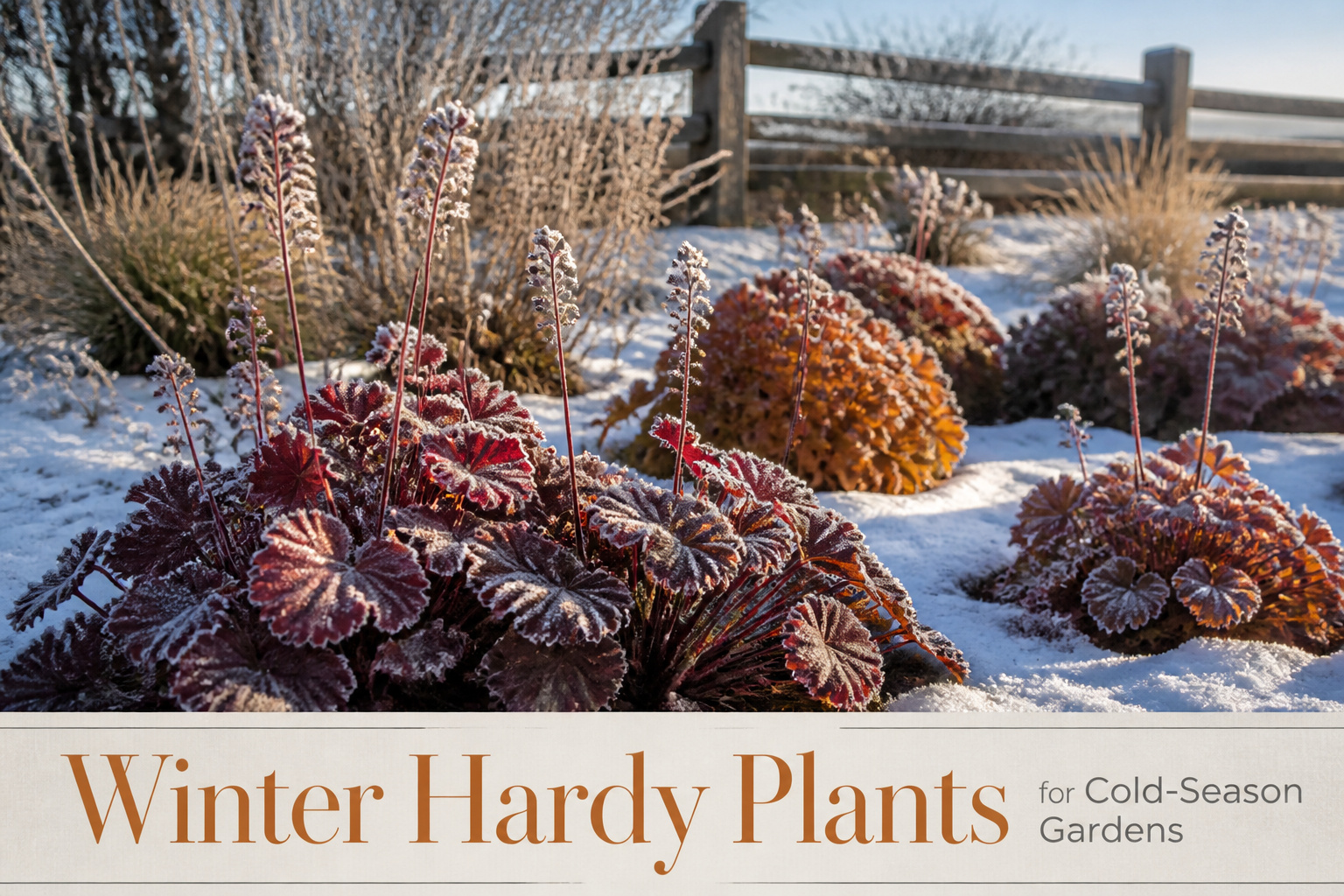 Various winter hardy plants in a snowy garden setting.