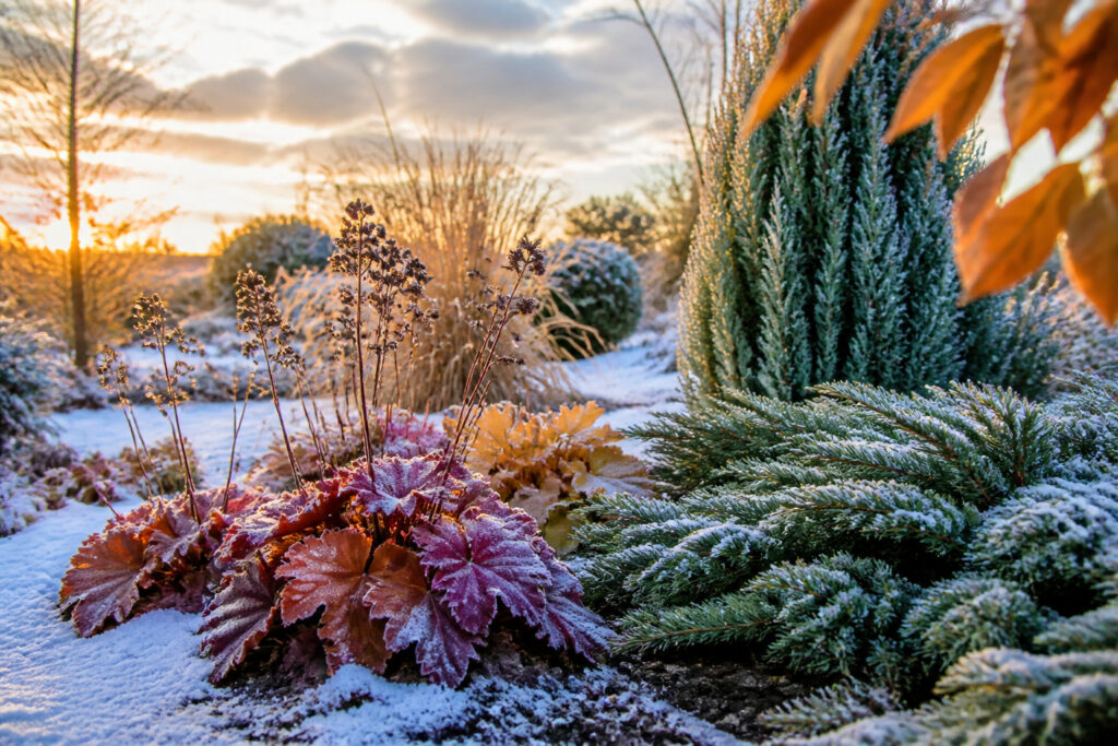 Various winter plants arranged in a cold weather garden.
