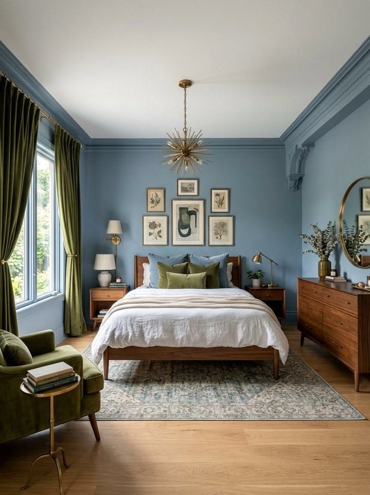 A tidy bedroom featuring a wooden bed, blue walls, green accents, and a starburst chandelier.