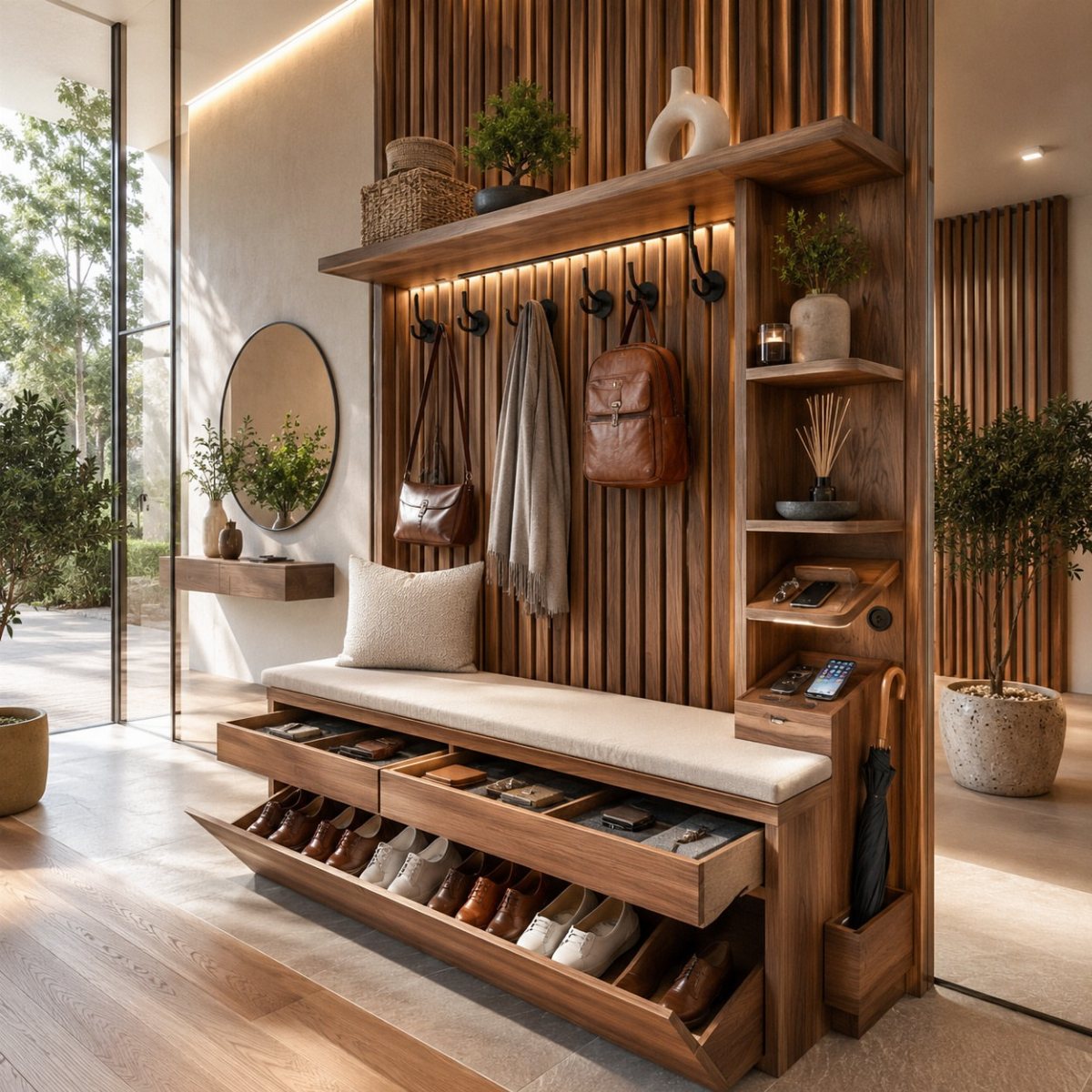 Wooden entryway organizer with a cushioned bench, shoe storage drawers, and wall hooks for bags.