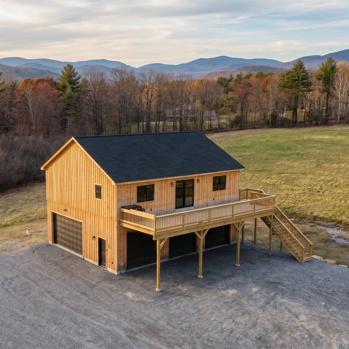 Two-story wooden garage apartment with a living space above and a large outdoor deck.