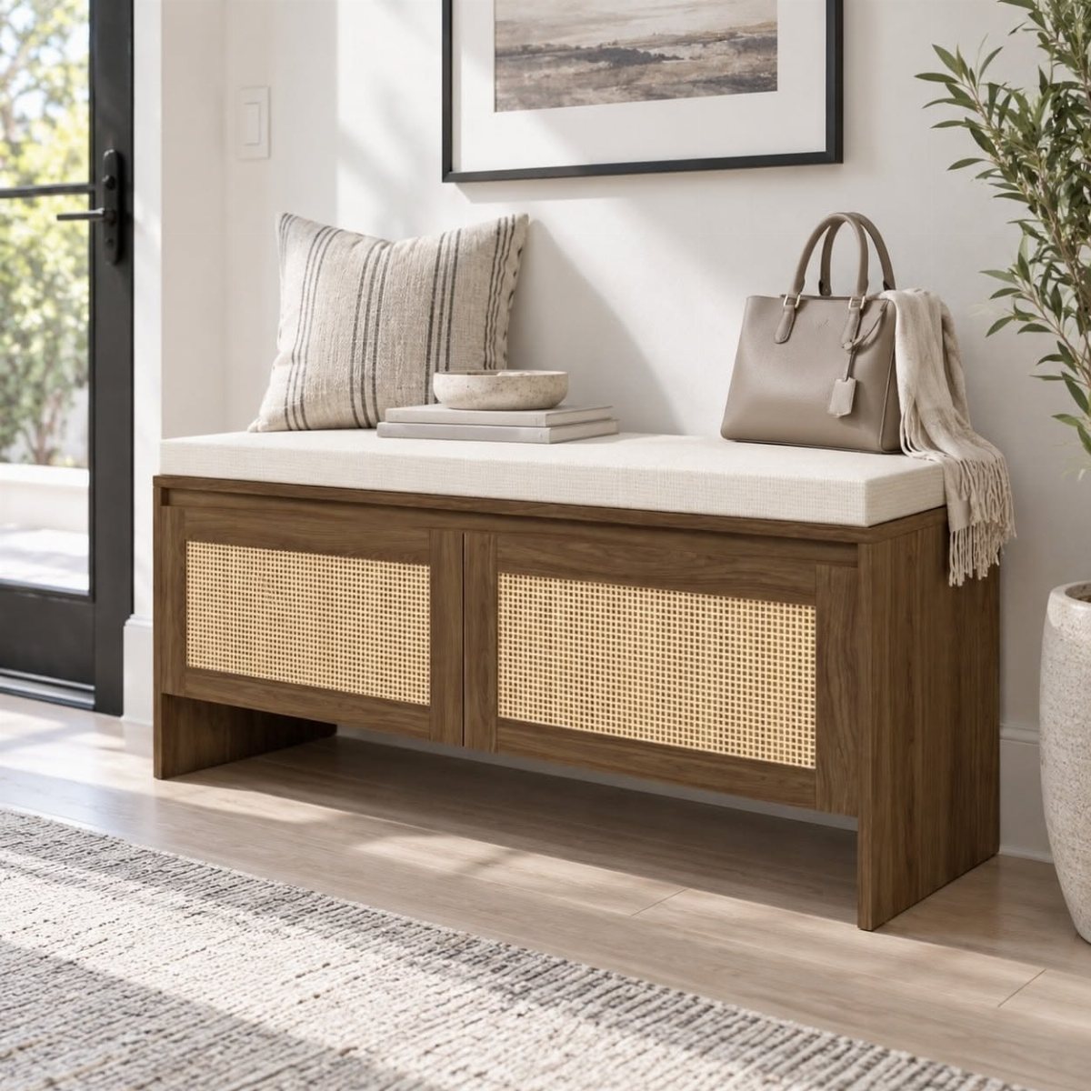 Wooden entryway bench featuring two cane door panels and a white cushioned seat top.